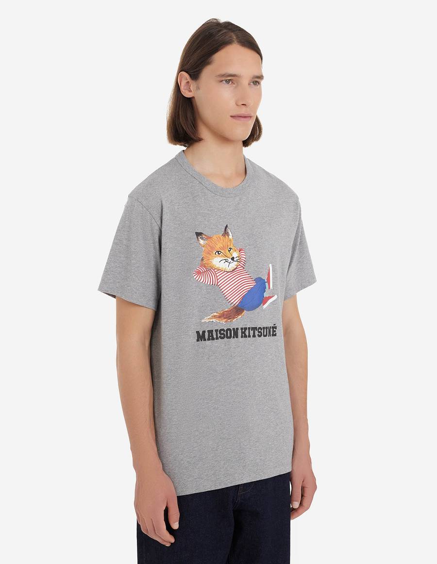 Grey Men's Maison Kitsune Frenchie Dressed Fox Print Classic T Shirts | AU-C0550