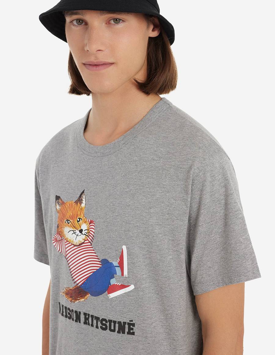 Grey Men's Maison Kitsune Frenchie Dressed Fox Print Classic T Shirts | AU-C0550