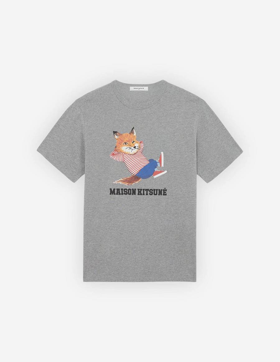Grey Men\'s Maison Kitsune Frenchie Dressed Fox Print Classic T Shirts | AU-C0550