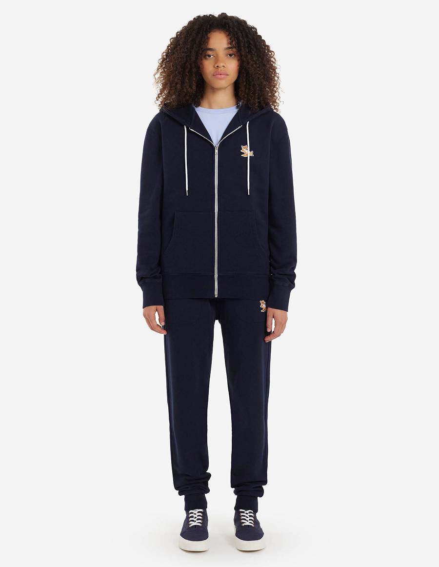 Navy Men's Maison Kitsune Chillax Fox Patch Zipped Hoodies | AU-B0896