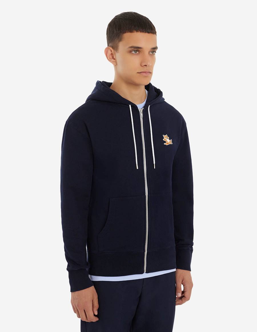 Navy Men's Maison Kitsune Chillax Fox Patch Zipped Hoodies | AU-B0896