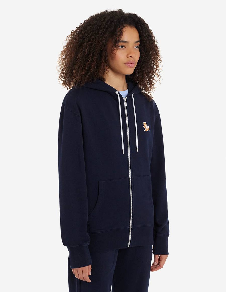 Navy Men's Maison Kitsune Chillax Fox Patch Zipped Hoodies | AU-B0896