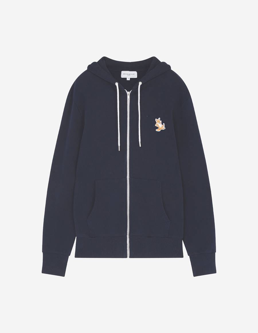 Navy Men\'s Maison Kitsune Chillax Fox Patch Zipped Hoodies | AU-B0896