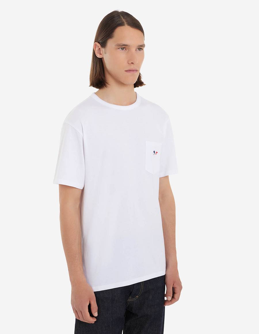 White Men's Maison Kitsune Tricolor Fox Patch Classic Pocket T Shirts | AU-A0466