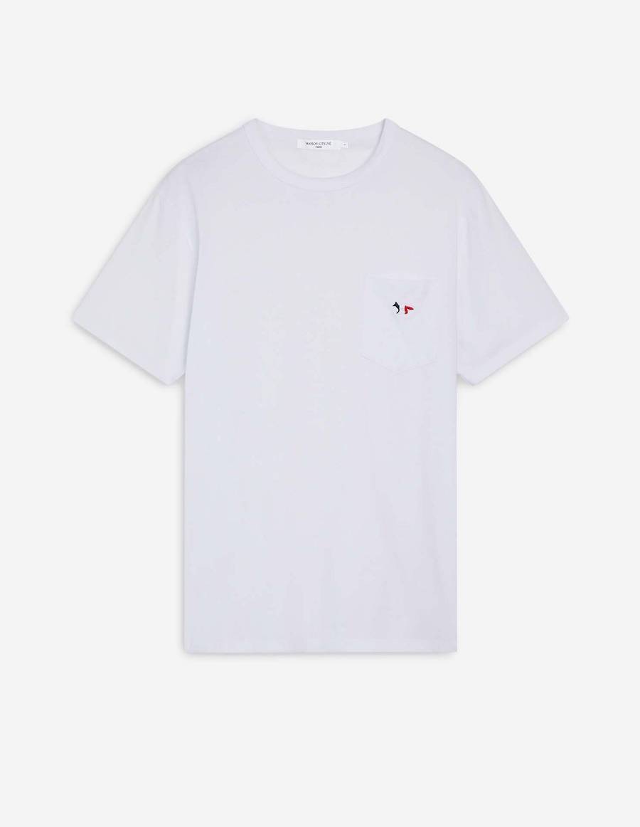 White Men\'s Maison Kitsune Tricolor Fox Patch Classic Pocket T Shirts | AU-A0466