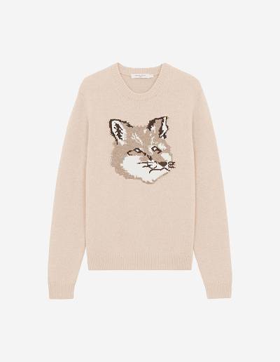 Beige Men's Maison Kitsune Big Fox Head Classic Sweaters | AU-B664
