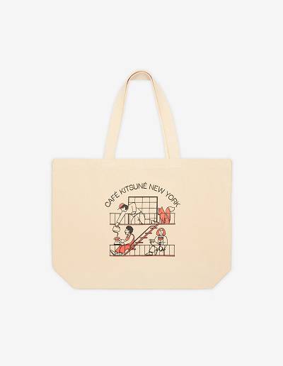 Beige Men's Maison Kitsune Cafe New York Classic Tote Bags | AU-G0443