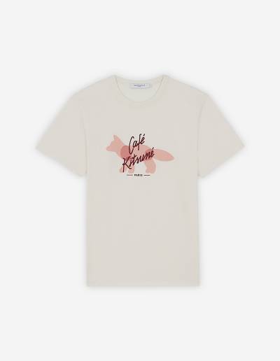 Beige Men's Maison Kitsune Fox Cafe Kitsune Classic T Shirts | AU-K0824