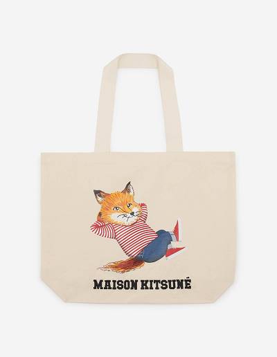 Beige Men's Maison Kitsune Frenchie Dressed Fox Tote Bags | AU-G0452