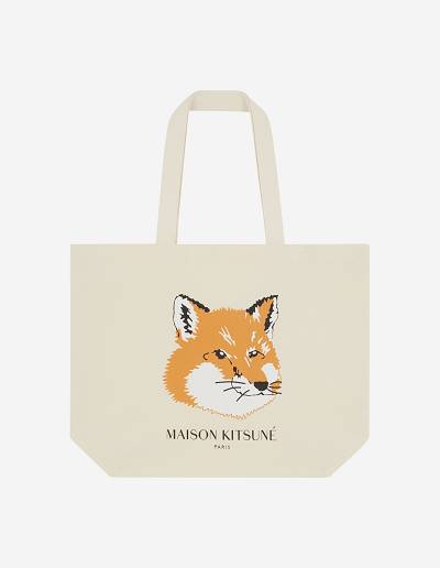 Beige Women's Maison Kitsune Fox Head Tote Bags | AU-M0852