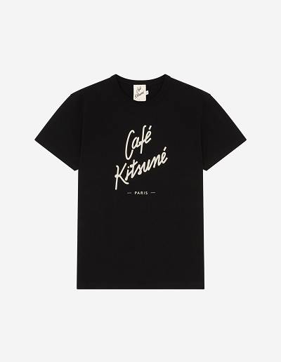 Black Men's Maison Kitsune Cafe Kitsune T Shirts | AU-C0405