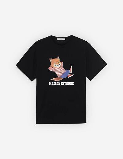 Black Men's Maison Kitsune Frenchie Dressed Fox Print Classic T Shirts | AU-E0961