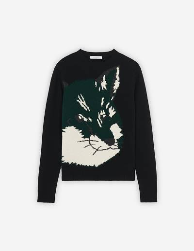 Black Men's Maison Kitsune Oversize Fox Head Jacquard Sweaters | AU-B0316