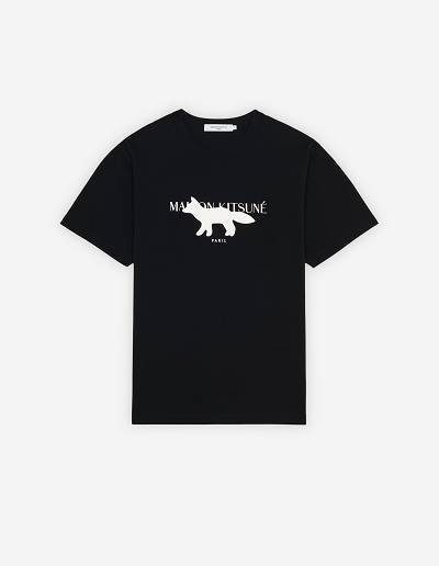 Black Men's Maison Kitsune Profile Fox Stamp Classic T Shirts | AU-O1131