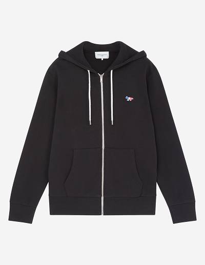 Black Men's Maison Kitsune Tricolor Fox Patch Zip Hoodies | AU-A0524