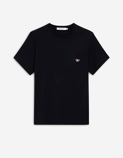 Black Men's Maison Kitsune Tricolor Fox Patch Classic Pocket T Shirts | AU-G0675
