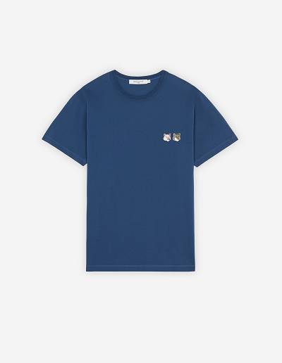 Blue Men's Maison Kitsune Double Monochrome Fox Head Patch Classic T Shirts | AU-P0M52