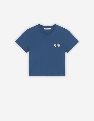 Blue Women's Maison Kitsune Double Fox Head Patch Cropped T Shirts | AU-K0458