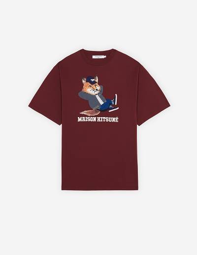 Burgundy Men's Maison Kitsune Dressed Fox Print Easy T Shirts | AU-A0582