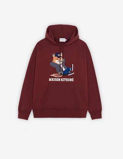 Burgundy Men's Maison Kitsune Dressed Fox Print Relaxed Hoodies | AU-A0785