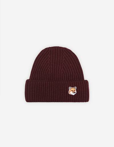 Burgundy Men's Maison Kitsune Fox Head Patch Ribbed Hats | AU-B0490