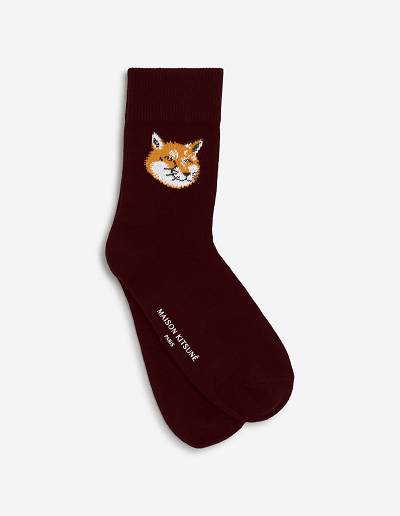 Burgundy Women's Maison Kitsune Fox Head Socks | AU-C0M15