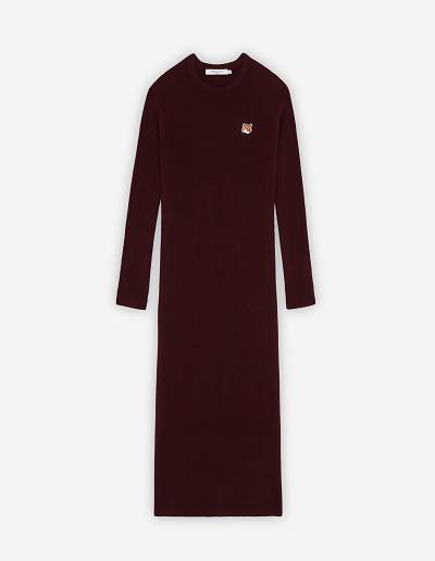 Burgundy Women's Maison Kitsune Fox Head Patch Long Flared Dress | AU-Q0M48