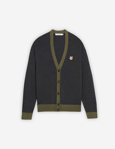 Dark Grey Men's Maison Kitsune Fox Head Patch Bi Color Cardigan | AU-C0173