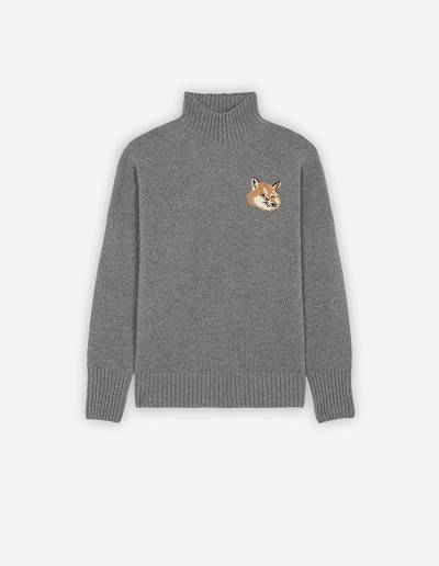Dark Grey Men's Maison Kitsune Fox Head Oversize High Neck Sweaters | AU-C0318