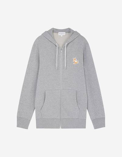 Grey Men's Maison Kitsune Chillax Fox Patch Zipped Hoodies | AU-Y0817