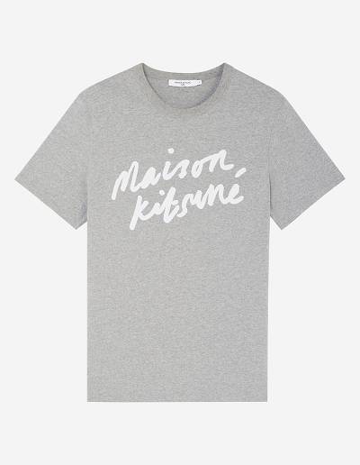 Grey Men's Maison Kitsune Handwriting Classic T Shirts | AU-K0M57