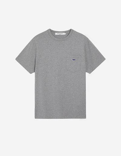 Grey Men's Maison Kitsune Navy Fox Patch Classic Pocket T Shirts | AU-S0387
