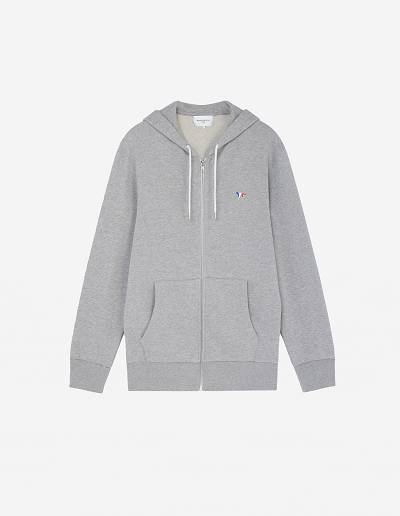 Grey Men's Maison Kitsune Tricolor Fox Patch Zip Hoodies | AU-G0568