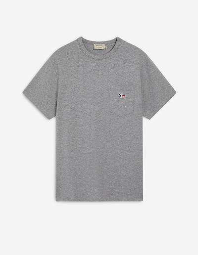 Grey Men's Maison Kitsune Tricolor Fox Patch Classic Pocket T Shirts | AU-S0879