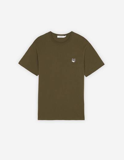 Khaki Grey Men's Maison Kitsune Grey Fox Head Patch Classic T Shirts | AU-A0234