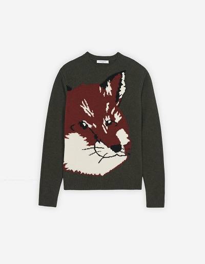 Khaki Grey Men's Maison Kitsune Oversize Fox Head Jacquard Sweaters | AU-K0216