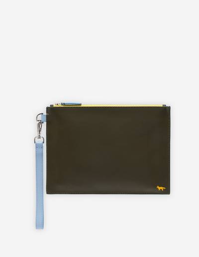 Khaki Grey Men's Maison Kitsune Profile Fox Pouch With Strap Bags | AU-M0489