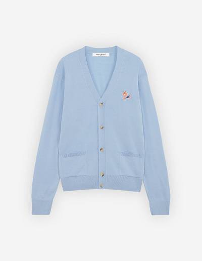 Light Blue Men's Maison Kitsune Frenchie Dressed Fox Patch Classic V-neck Cardigan | AU-H0424