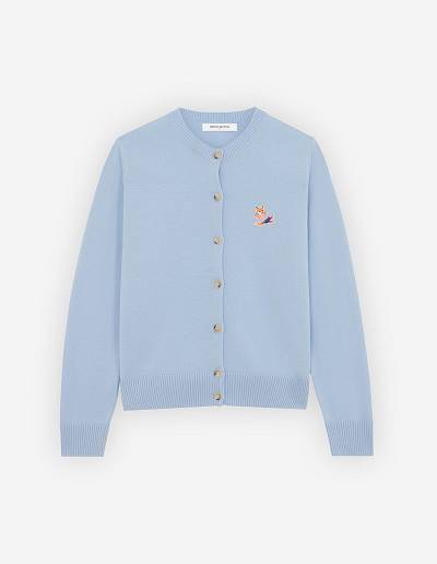 Light Blue Women's Maison Kitsune Frenchie Dressed Fox Patch Adjusted R-neck Cardigan | AU-K0835
