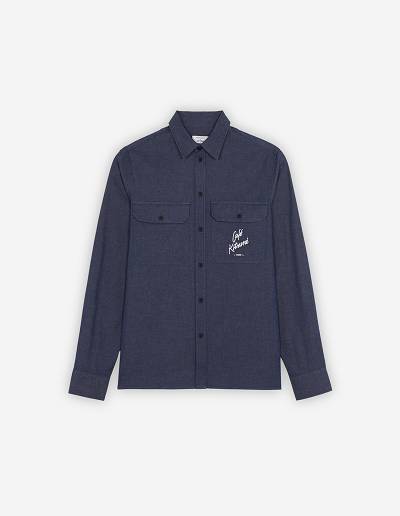 Navy Men's Maison Kitsune Cafe Chambray Shirts | AU-W0165