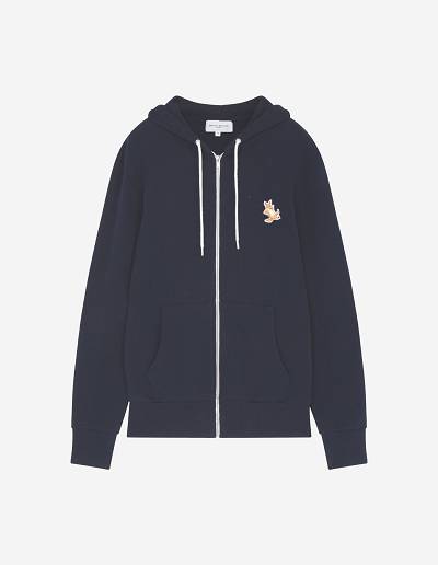 Navy Men's Maison Kitsune Chillax Fox Patch Zipped Hoodies | AU-B0896