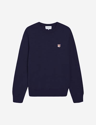 Navy Men's Maison Kitsune Fox Head Patch Regular R-neck Jumper Sweaters | AU-V0462