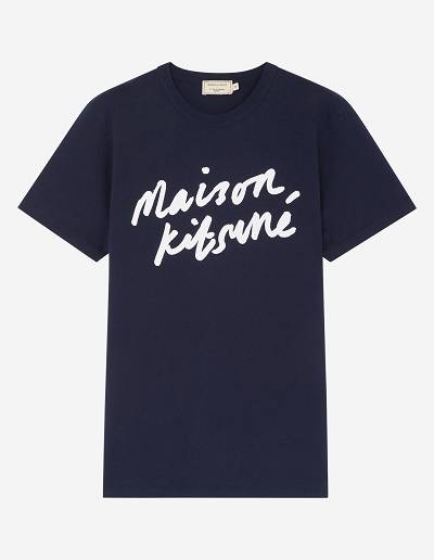 Navy Men's Maison Kitsune Handwriting Classic T Shirts | AU-K0332