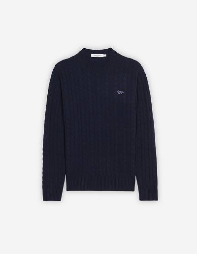 Navy Men's Maison Kitsune Navy Fox Patch Classic R-neck Sweaters | AU-J0251