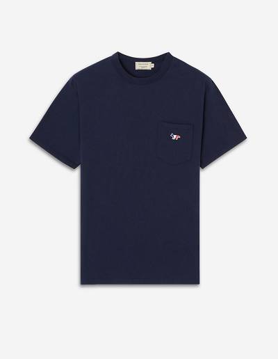 Navy Men's Maison Kitsune Tricolor Fox Patch Classic Pocket T Shirts | AU-A0814