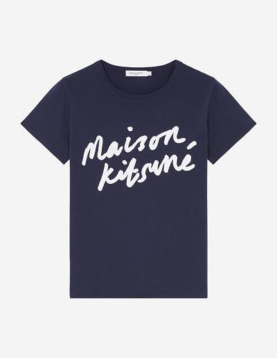Navy Women's Maison Kitsune Handwriting Classic T Shirts | AU-P0355