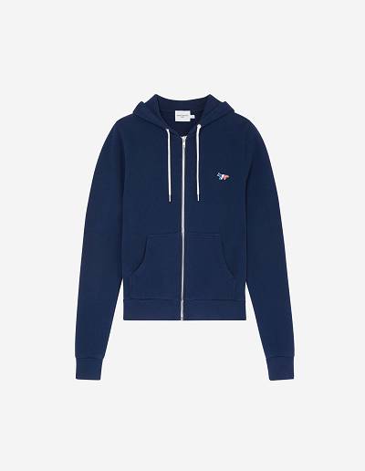 Navy Women's Maison Kitsune Tricolor Fox Patch Zip Hoodies | AU-B0M13