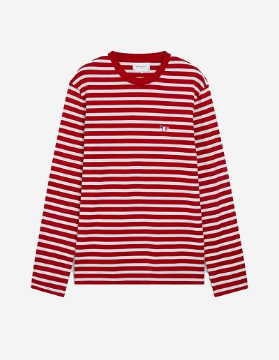 Red Men's Maison Kitsune Tricolor Fox Patch Classic Marin T Shirts | AU-W0890
